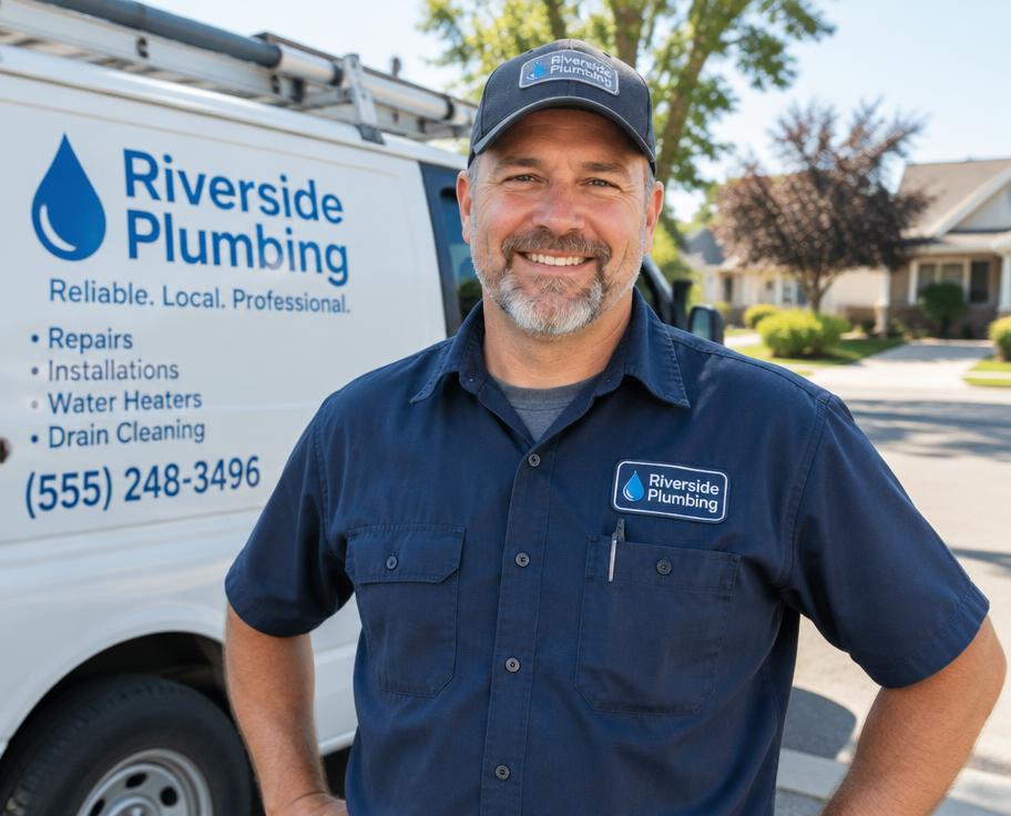 Local plumber standing by his van