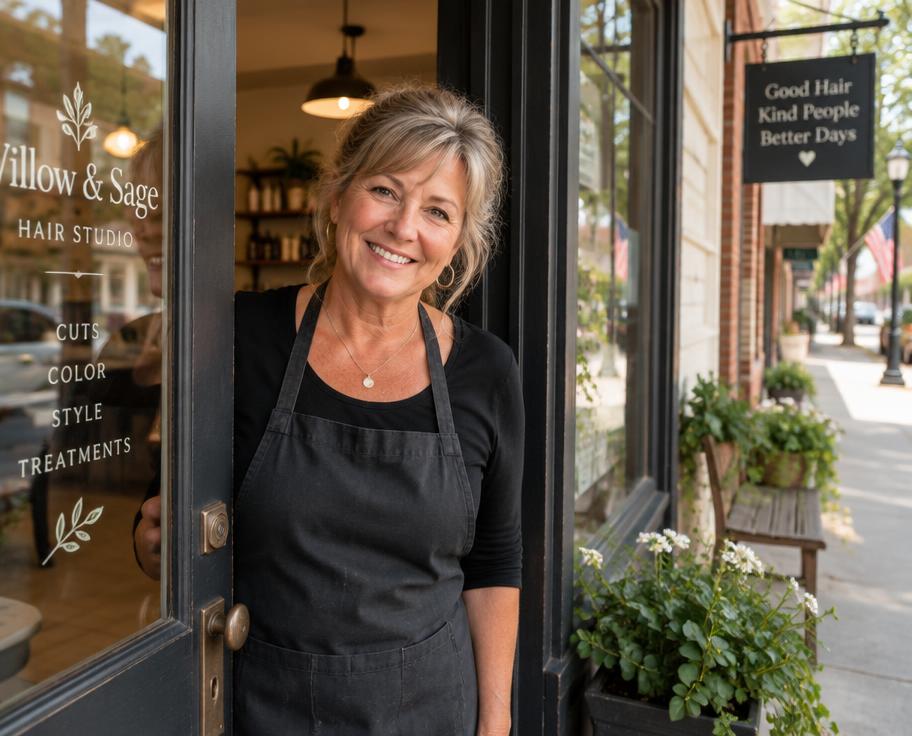 Salon owner at her shop door